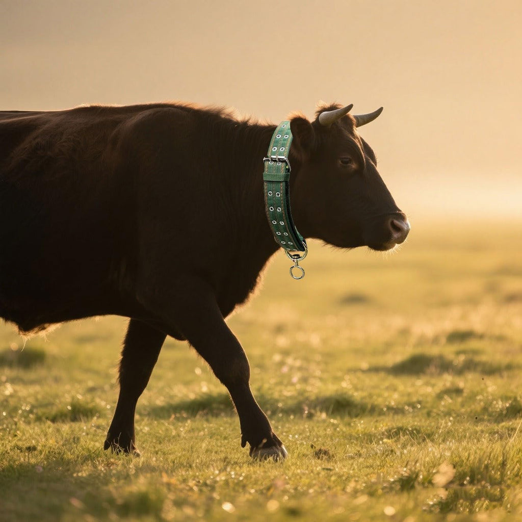 Cattle Collar Adjustable Sheep Neck Strap Thick Canvas Four-Layer Nylon Thickened Collar with 2-Rows Metal Buckle and Ring Metal Buckle Traction Chain for Farm Animals Pets (29.5"~45.2")