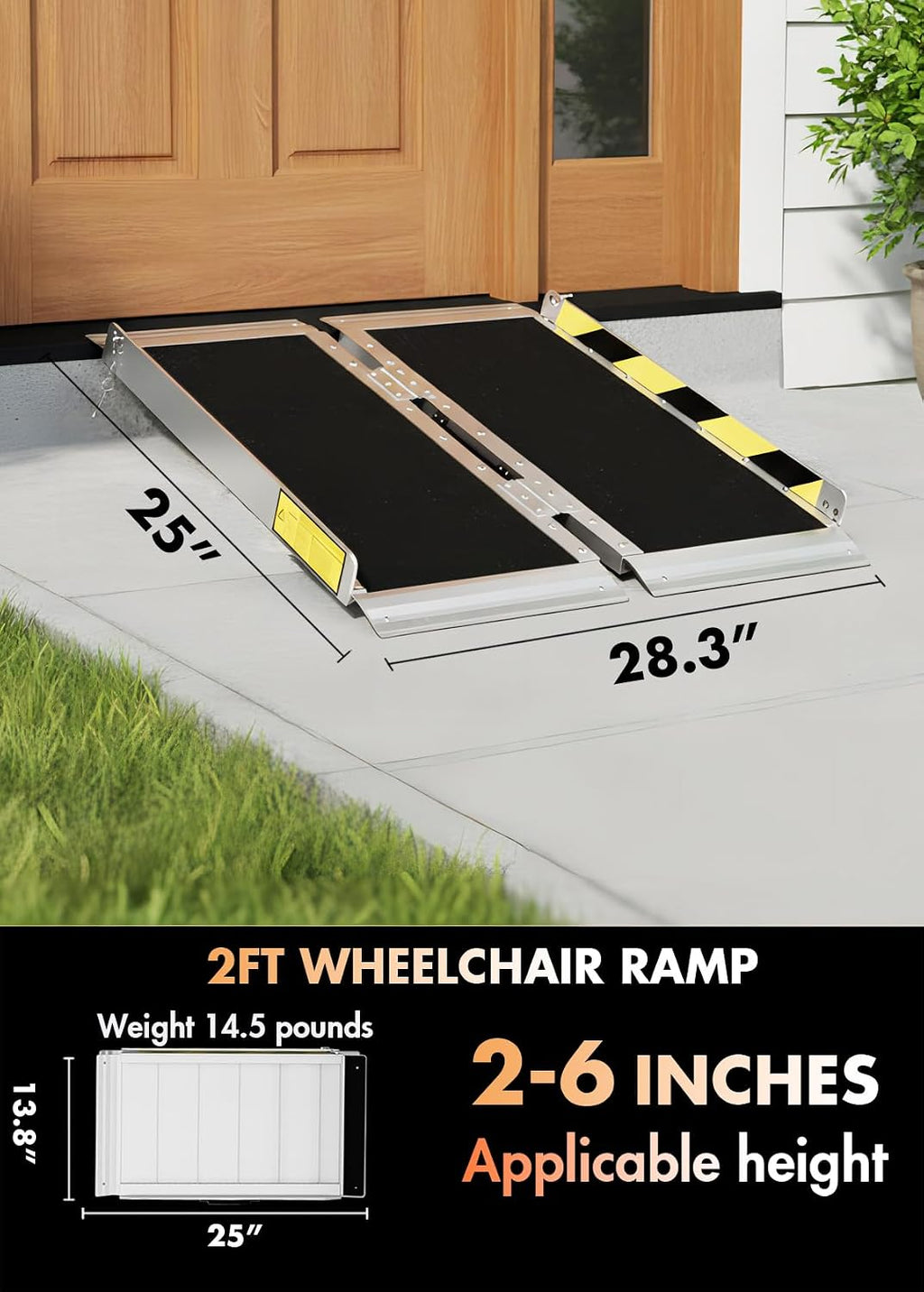 2FT Portable Wheelchair Ramp for Home Steps, Non-Skid Aluminum Ramp