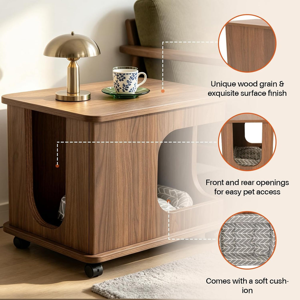 Wooden Cat Bed Side Table 2-in-1, Elevated Cat Hideaway Cave House with Cushion, Sturdy Pet End Table Furniture for Indoor Cats Bedroom Living Room（Walnut）