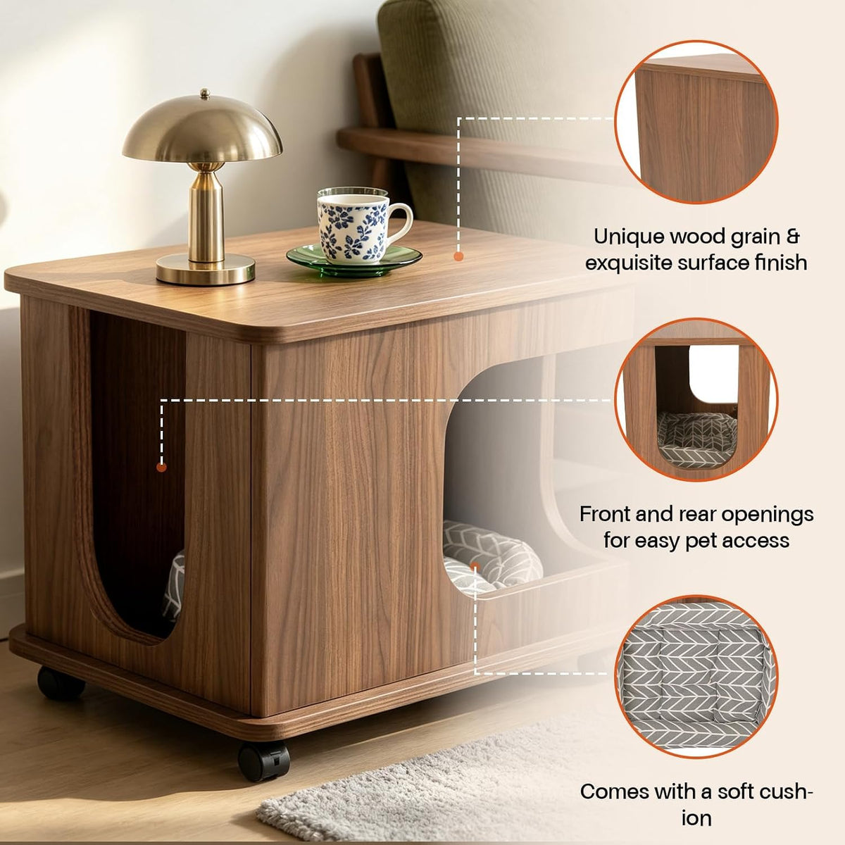 Wooden Cat Bed Side Table 2-in-1, Elevated Cat Hideaway Cave House with Cushion, Sturdy Pet End Table Furniture for Indoor Cats Bedroom Living Room（Walnut）