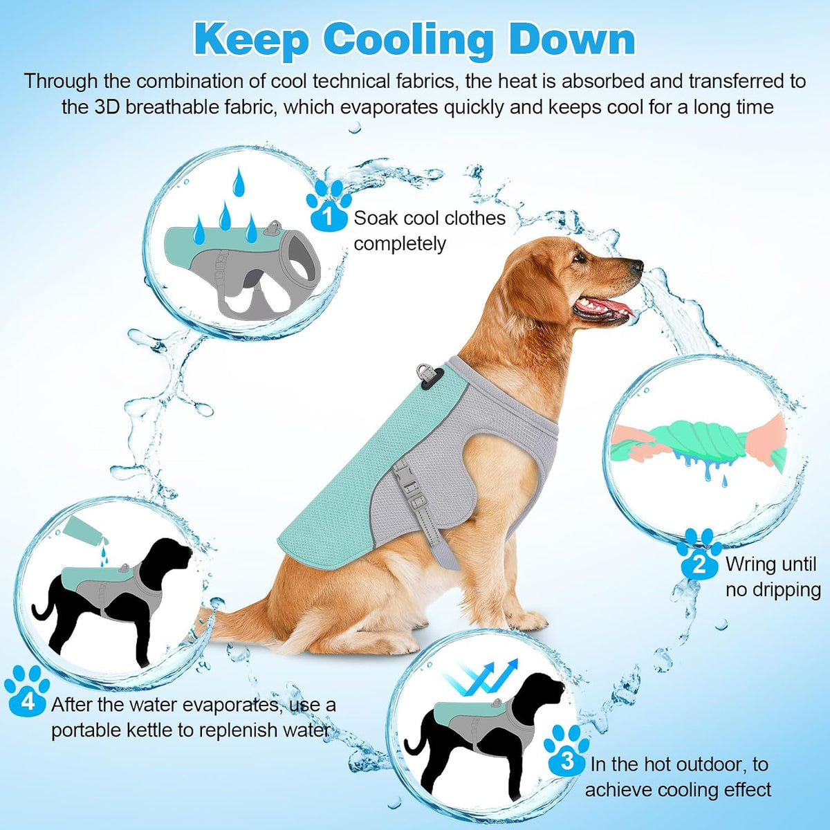 Guzekier Dog Cooling Vest Harness Cooler Jacket with Portable Water Bottle, for Walking, Outdoor Camping and Hunting Training (XL, Blue, White)