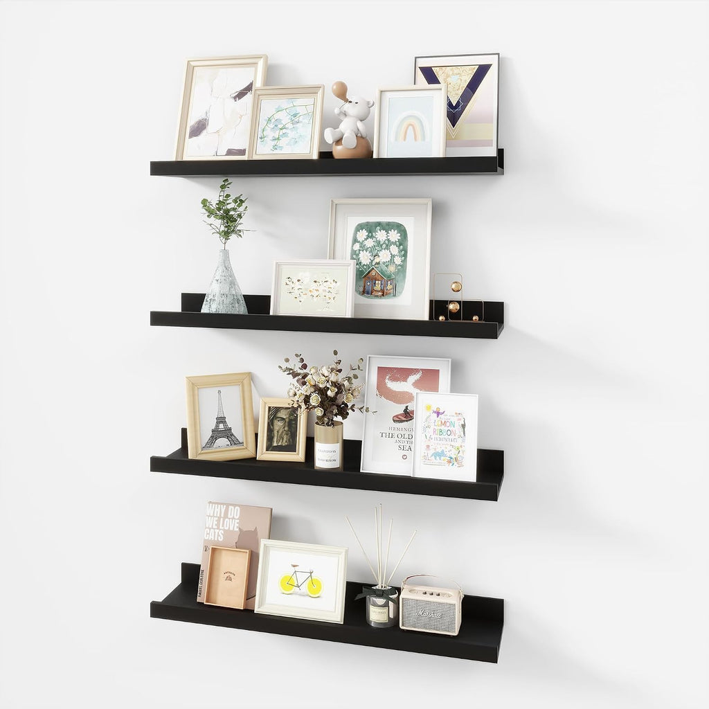 Picture Ledge Shelf, MDF Wood Floating Shelves Set of 2, Picture Ledge Photo Ledge Wall Mounted for Living Room Kids' Room Bedroom, Color Black (Oak, 30in-2pcs)