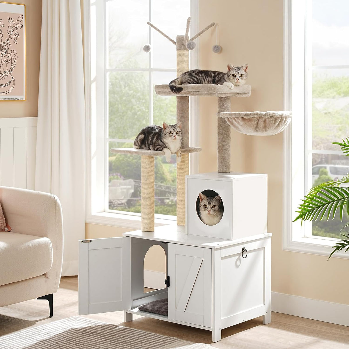 HOOBRO Cat Tree Tower with Litter Box Enclosure for Indoor, Wooden Cat Condo with Scratching Posts, Litter Box Furniture Hidden, All-in-One Cat House, White WT15MZ03