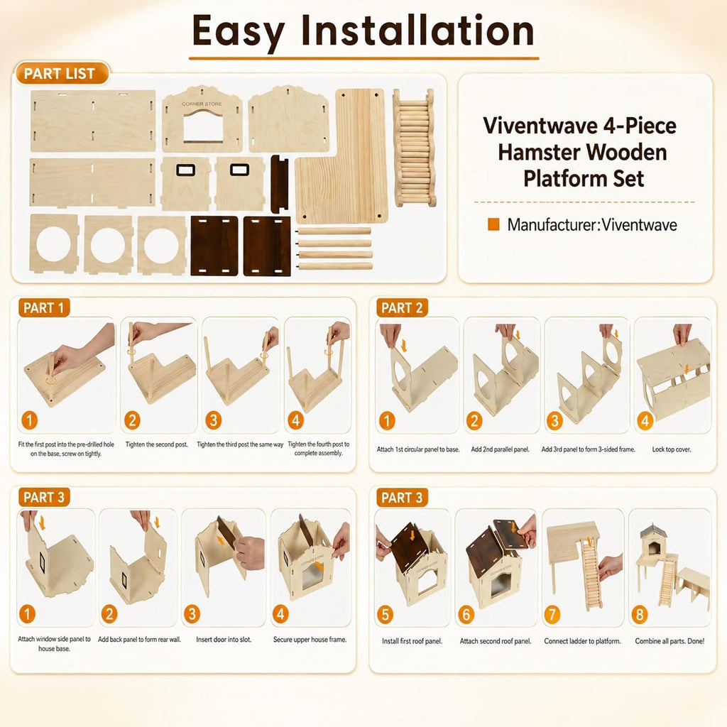 4-Piece 6.3-Inch High Hamster Platform Set, Large House Hideout