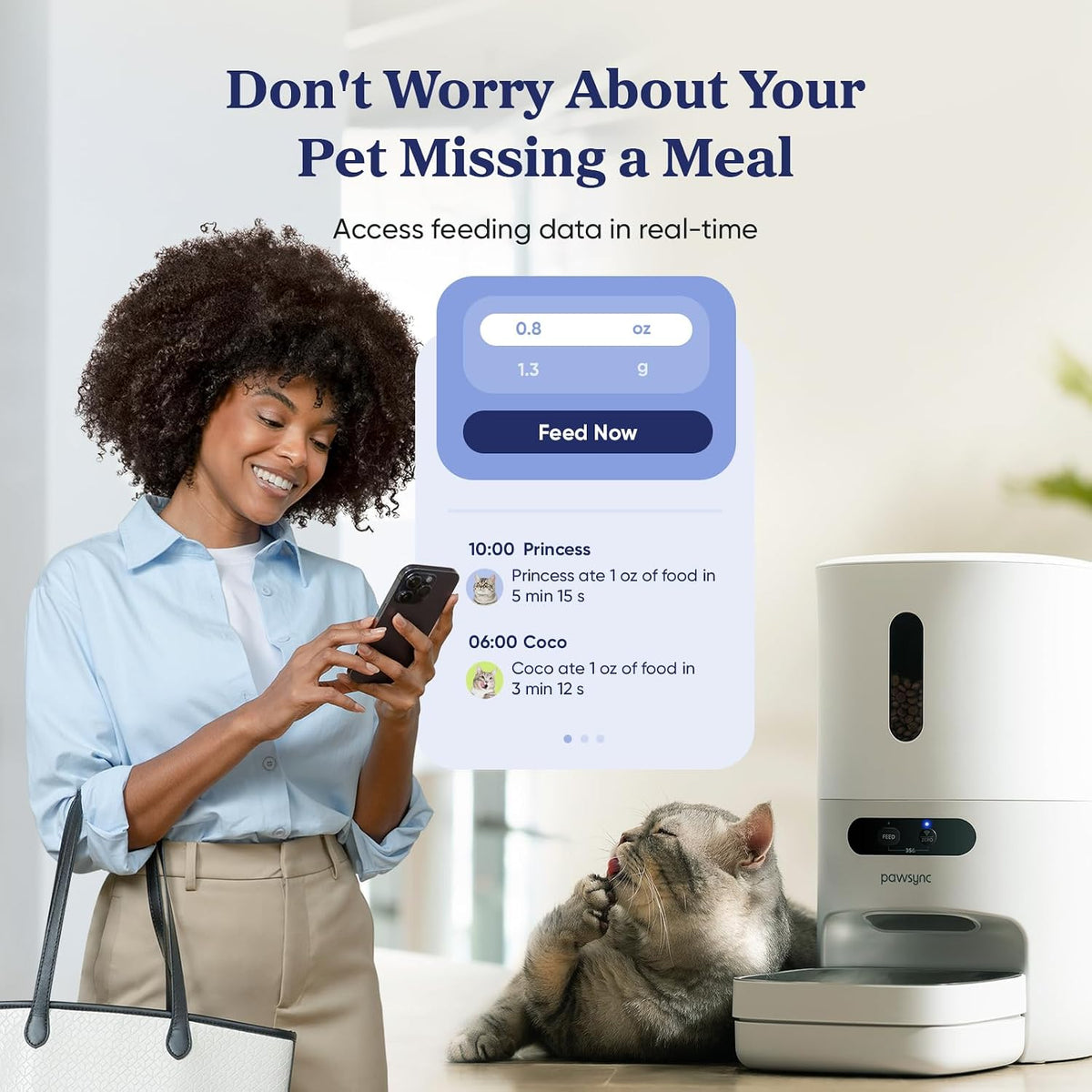 Pawsync Automatic Cat Feeder, WiFi & Smart Scale, Remote Feeding