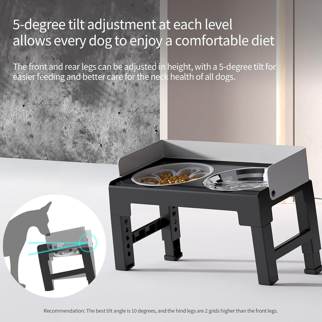 PAKEWAY Elevated Dog Bowls for Medium and Large Dogs, Spill-Proof Tiltable Dog Feeder with Slow Feeder Bowl and Stainless Steel Water Bowl, 6-Height Adjustable Raised Dog Bowl Stand