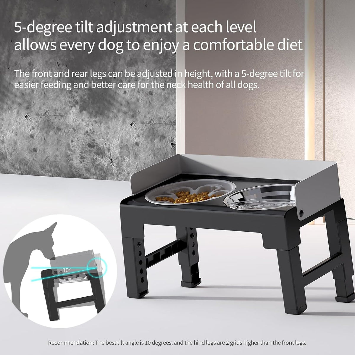 PAKEWAY Elevated Dog Bowls for Medium and Large Dogs, Spill-Proof Tiltable Dog Feeder with Slow Feeder Bowl and Stainless Steel Water Bowl, 6-Height Adjustable Raised Dog Bowl Stand