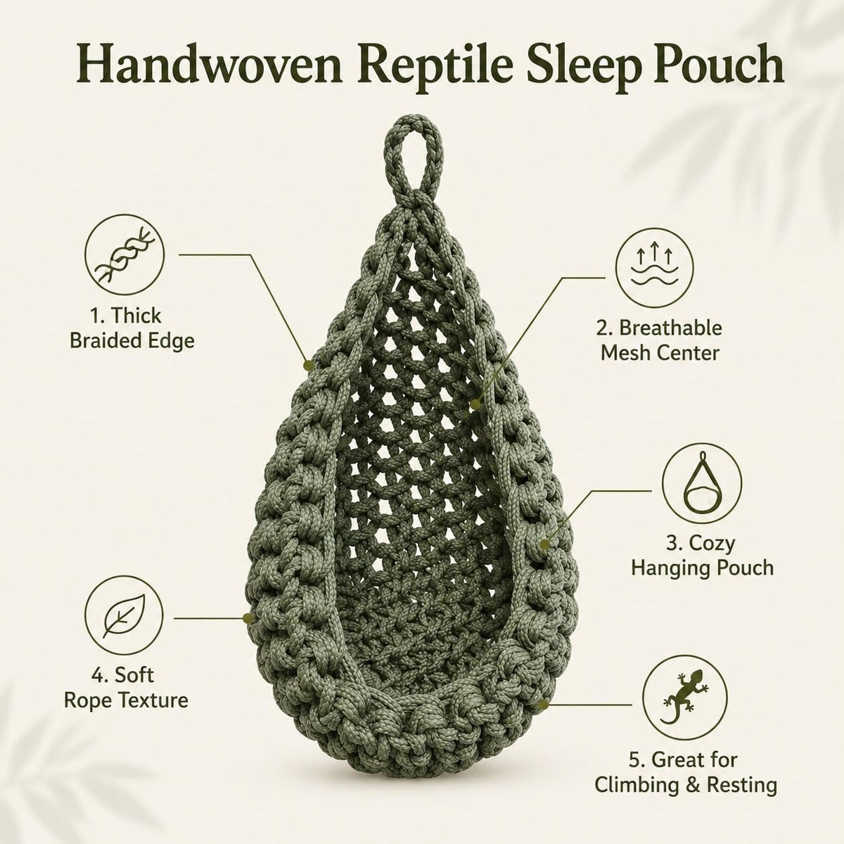 Snake Hammock for Terrarium, Handwoven Reptile Hanging Sleep Pouch, Soft Rope Hideout for Gecko, Small Lizard Tank Accessories(Black)