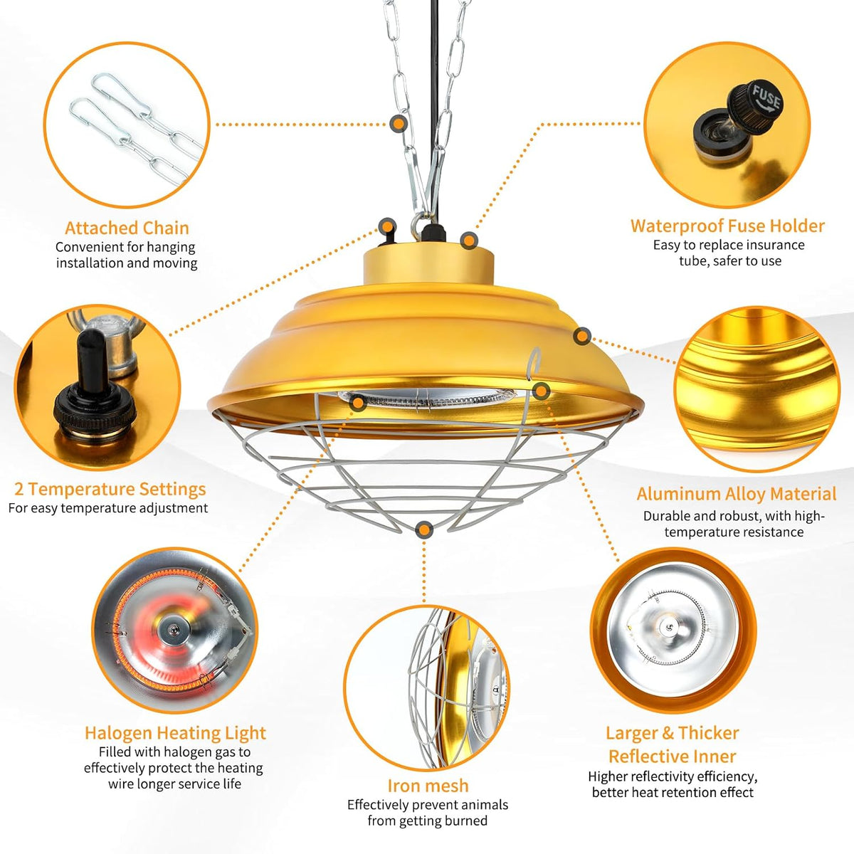 600W Chicken Coop Heat Lamp, 2-Stage Brooder Heater for Chicks
