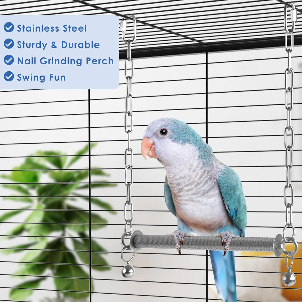DBNESS Stainless Steel Large Bird Swing, Hanging Heavy Duty Parrot Swings Perches Stand Toys with Bell, Claw Grinding Birdcage Accessories for Macaw Afican Grey Amazon Cockatoo