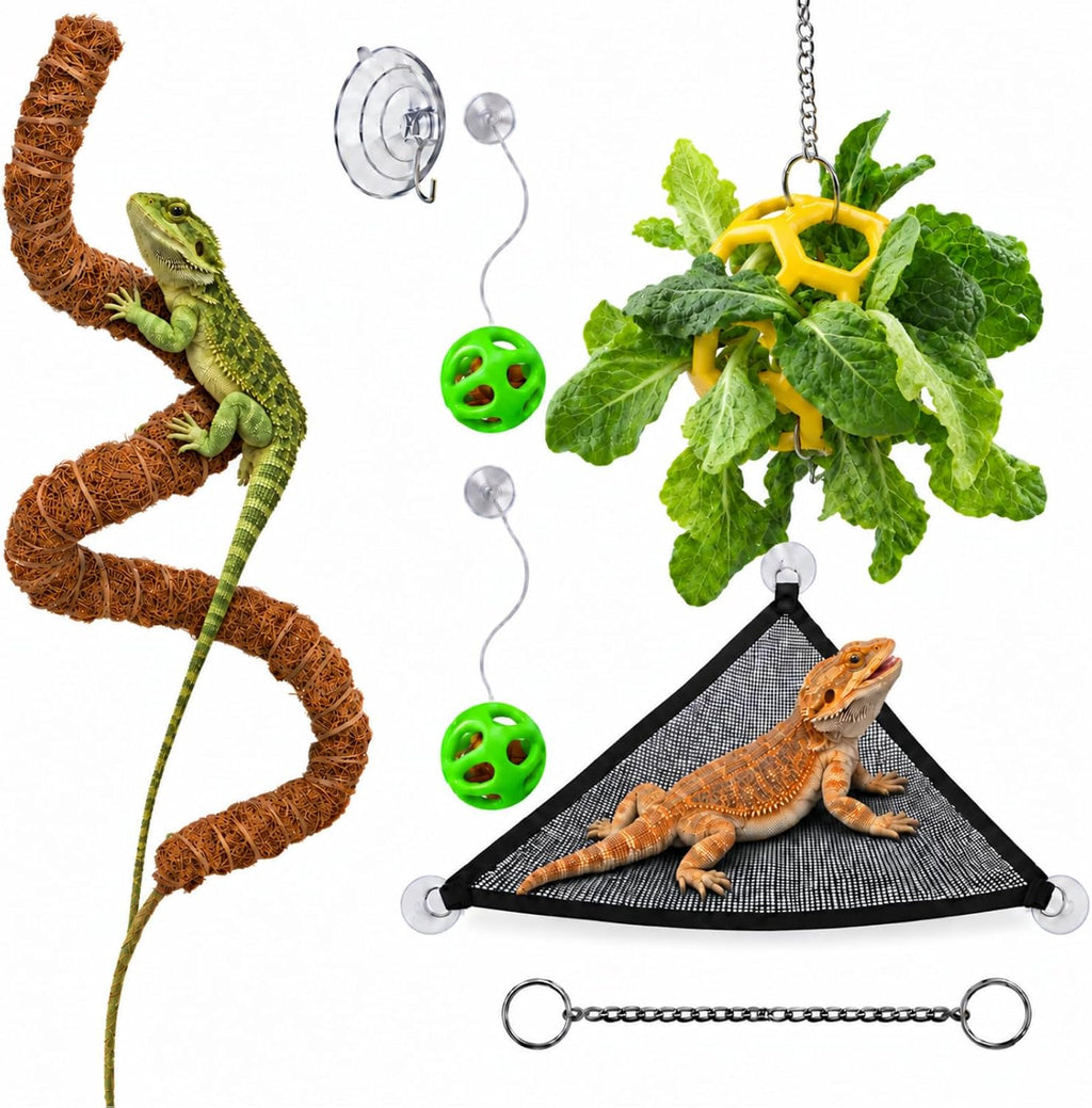 Bearded Dragon Enrichment Toys with Climbing Vine, Hammock and Feeder Ball