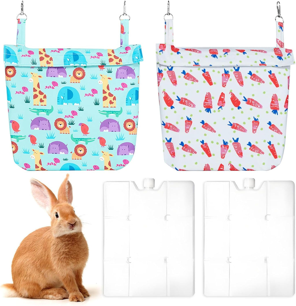 Hamiledyi Rabbit Cooling Pouch with Ice Pack - No Condensation Pad for Bunny Cage Accessories, Washable Cooling Mat for Small Animals,Ferret, Guinea Pig, Chinchilla(Carrot and Animal Pattern, 2kits)