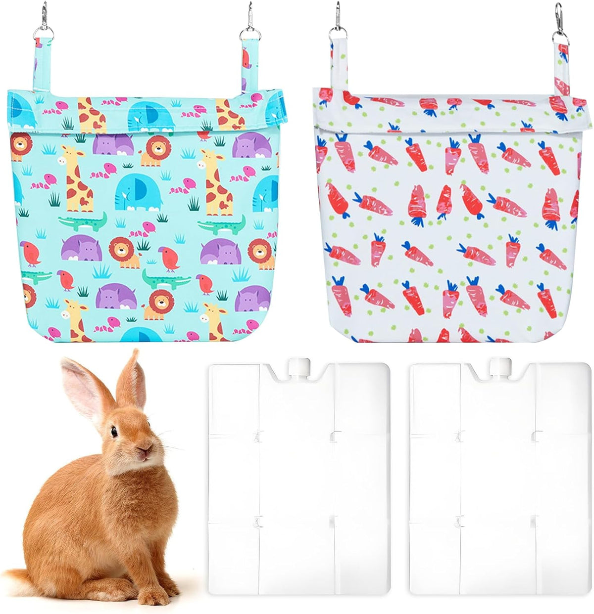 Hamiledyi Rabbit Cooling Pouch with Ice Pack - No Condensation Pad for Bunny Cage Accessories, Washable Cooling Mat for Small Animals,Ferret, Guinea Pig, Chinchilla(Carrot and Animal Pattern, 2kits)