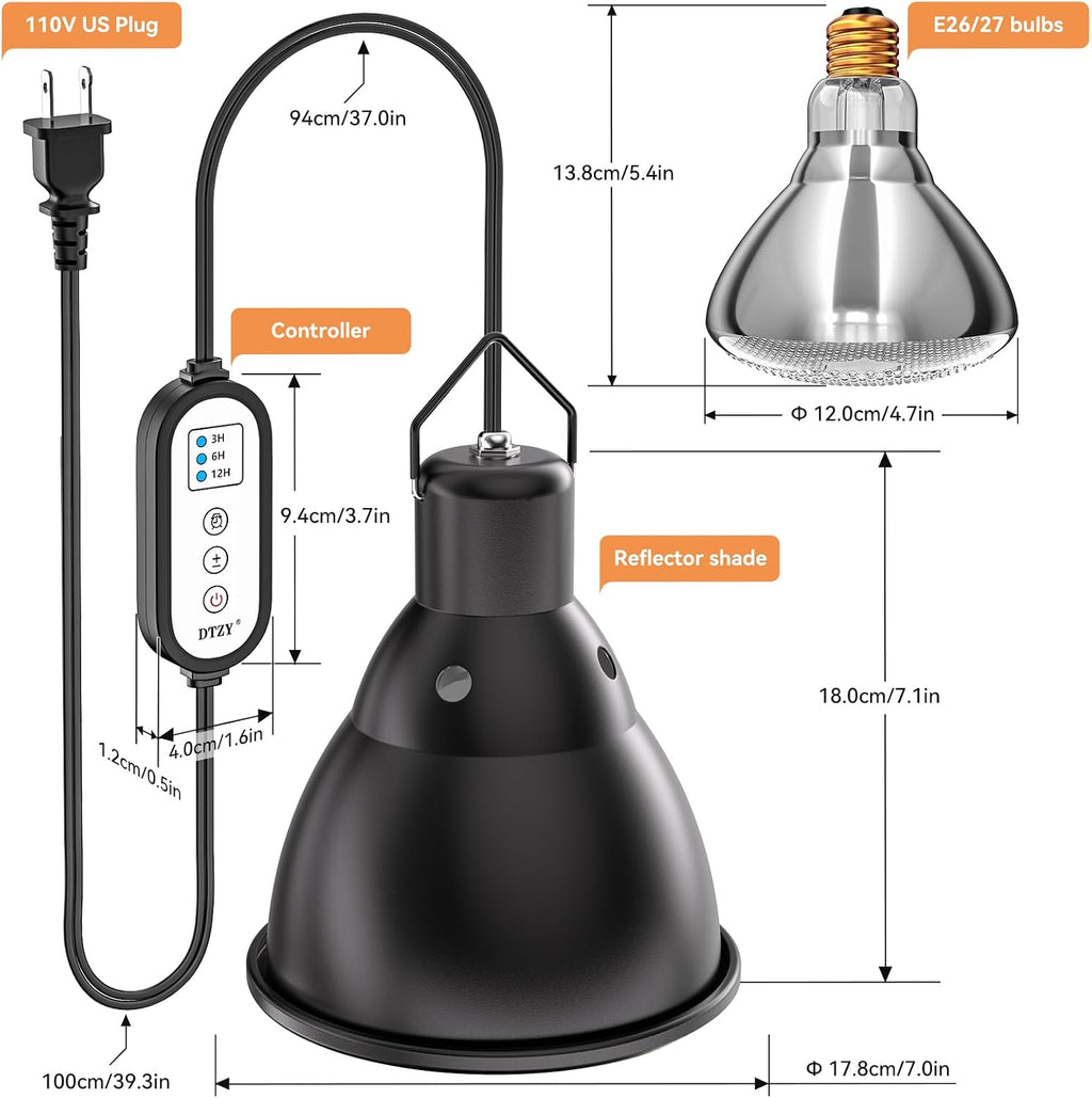 Reptile Light Fixture,7inch Deep Dome Reptile Light Fixture with 3/6/12 Timer, Infrared Reptile Heat Lamp Max 150W Blub, for Turtle Bearded Dragon Lizards Snake（1PCS 150W Bulb Included）