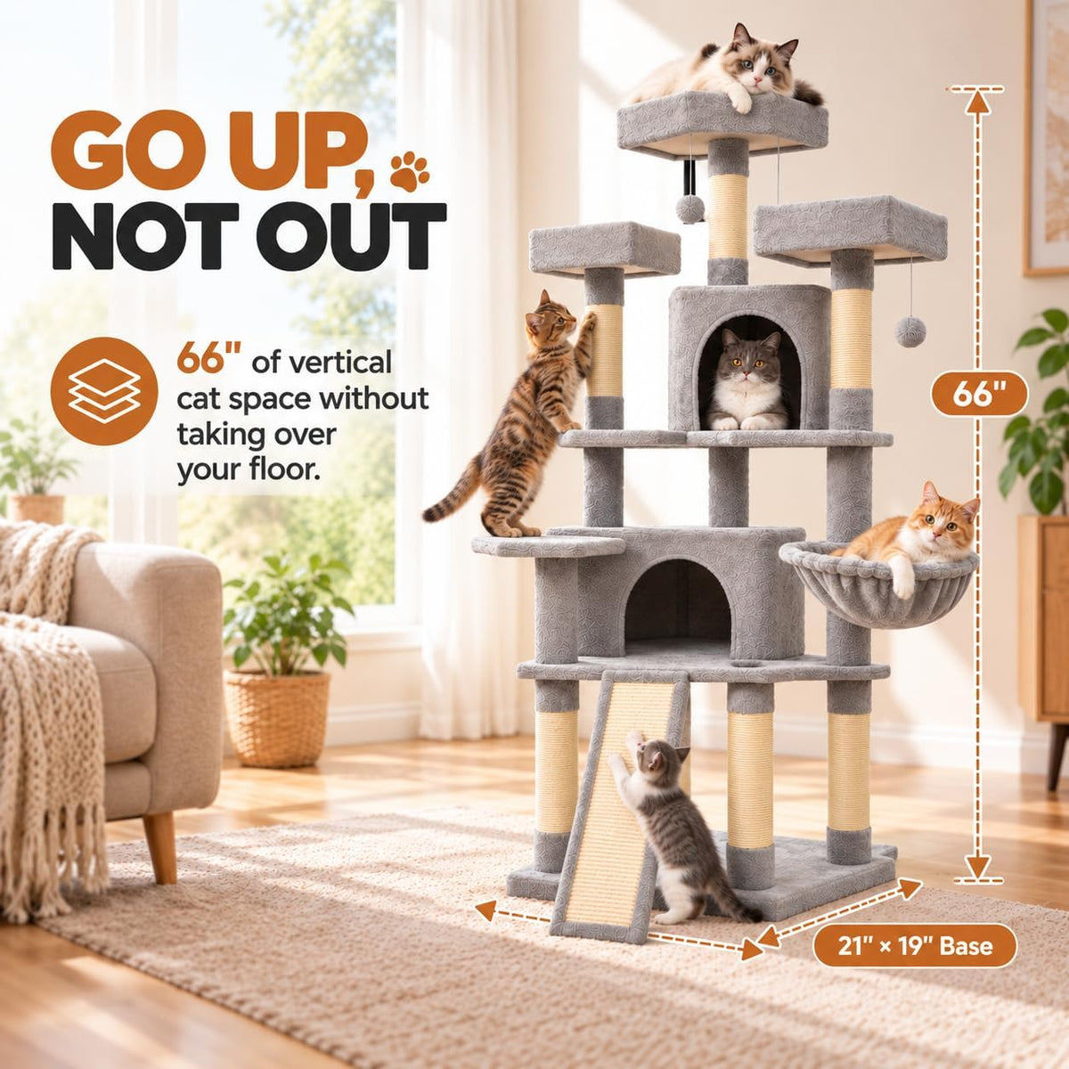 66" Multi-Level Cat Tree, 3 Perches, 2 Condos, Light Gray