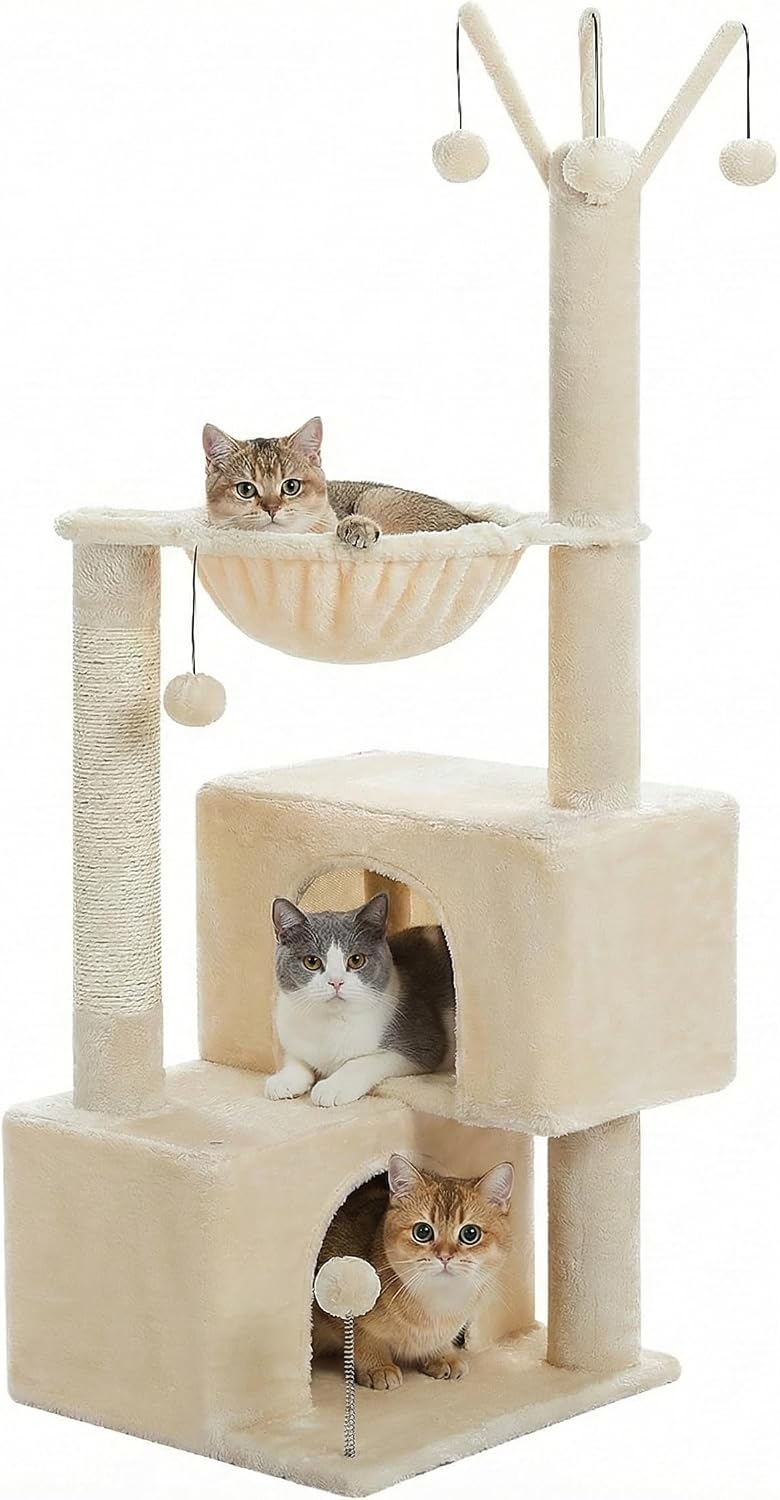 Cat Tree 45" for Indoor Cats, Compact Cat Tower with 2 Condos, Hammock Bed & 5 Hanging Ball Toys, Space-Saving Sturdy Cat Condo Furniture for Kittens & Small-Medium Cats