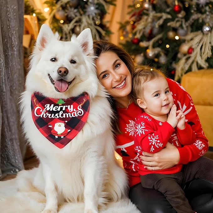 Christmas Dog Bandanas 2PCS-XLarge, Classic Plaid Triangle Holiday Scarf - Image 7