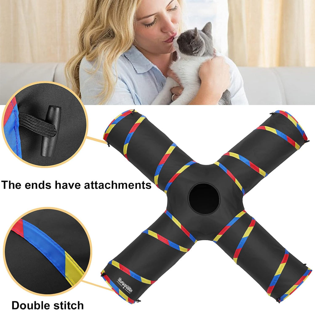 4 Way Cat Tunnels for Indoor Cats with Mouse Toy & Play Ball