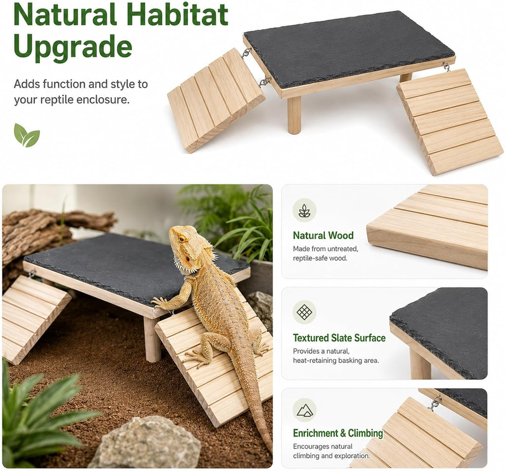 Bearded Dragon Basking Platform with Climbing Ramp, Wooden Bearded Dragon Platform Reptile Basking Platform with Slate Stone for Bearded Dragons Leopard Geckos Lizards Turtles Hamsters A