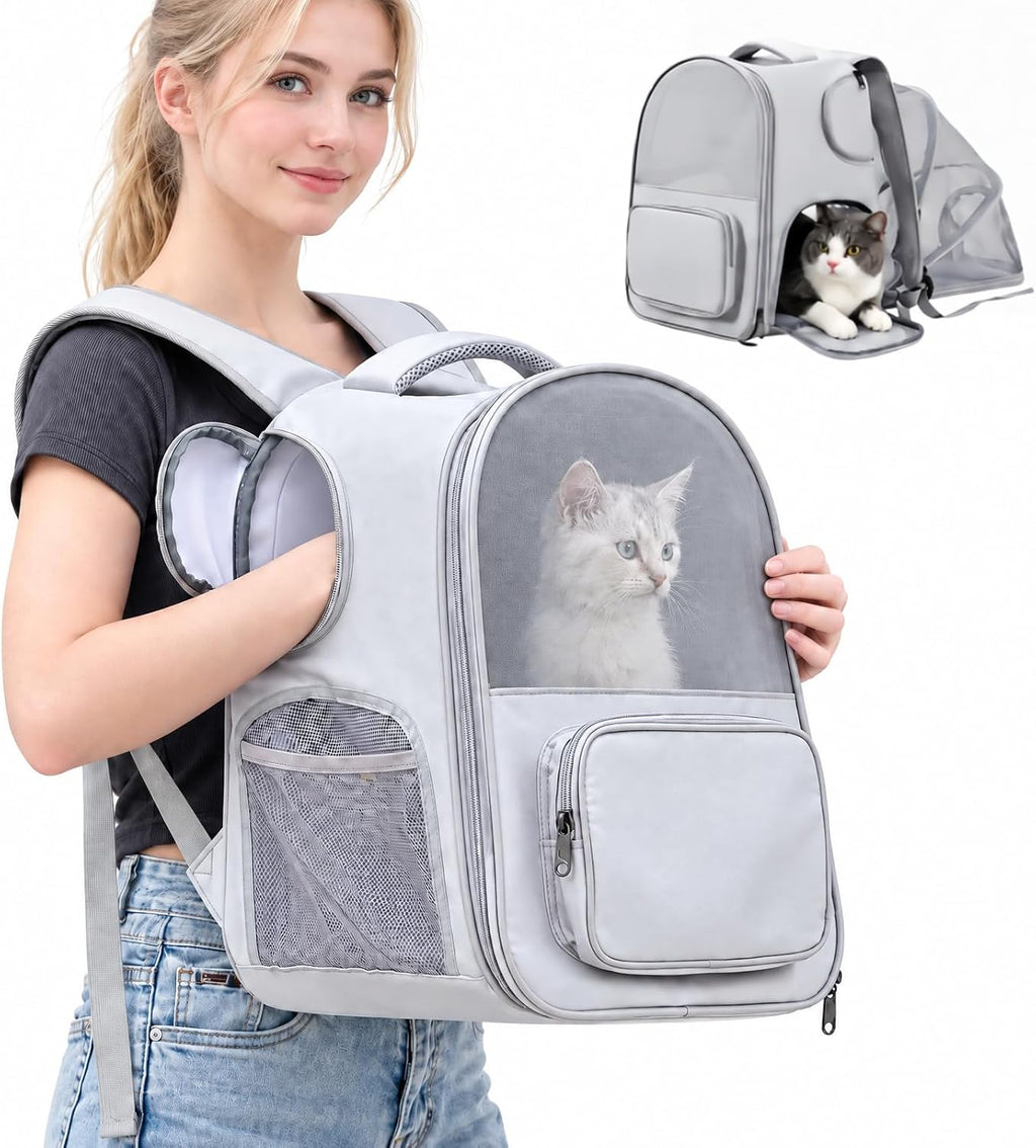 Expandable Cat Backpack Carrier with Interactive Side Petting Openings