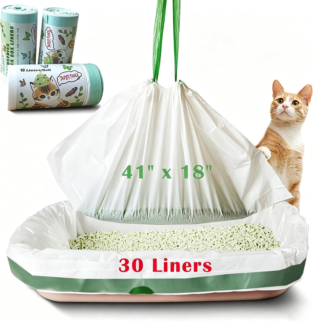 Jumbo Cat Litter Box Liners - 30 Count Extra Large Drawstring Bags, 4 Mils Thickness Pan Liner for Pet Cats and Kitties - 41" x 18" Oversized