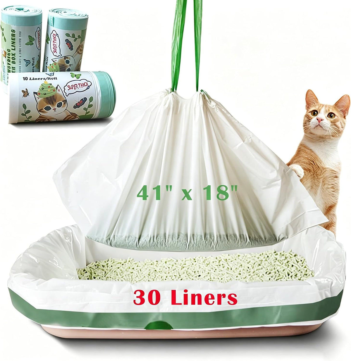 Jumbo Cat Litter Box Liners - 30 Count Extra Large Drawstring Bags, 4 Mils Thickness Pan Liner for Pet Cats and Kitties - 41" x 18" Oversized