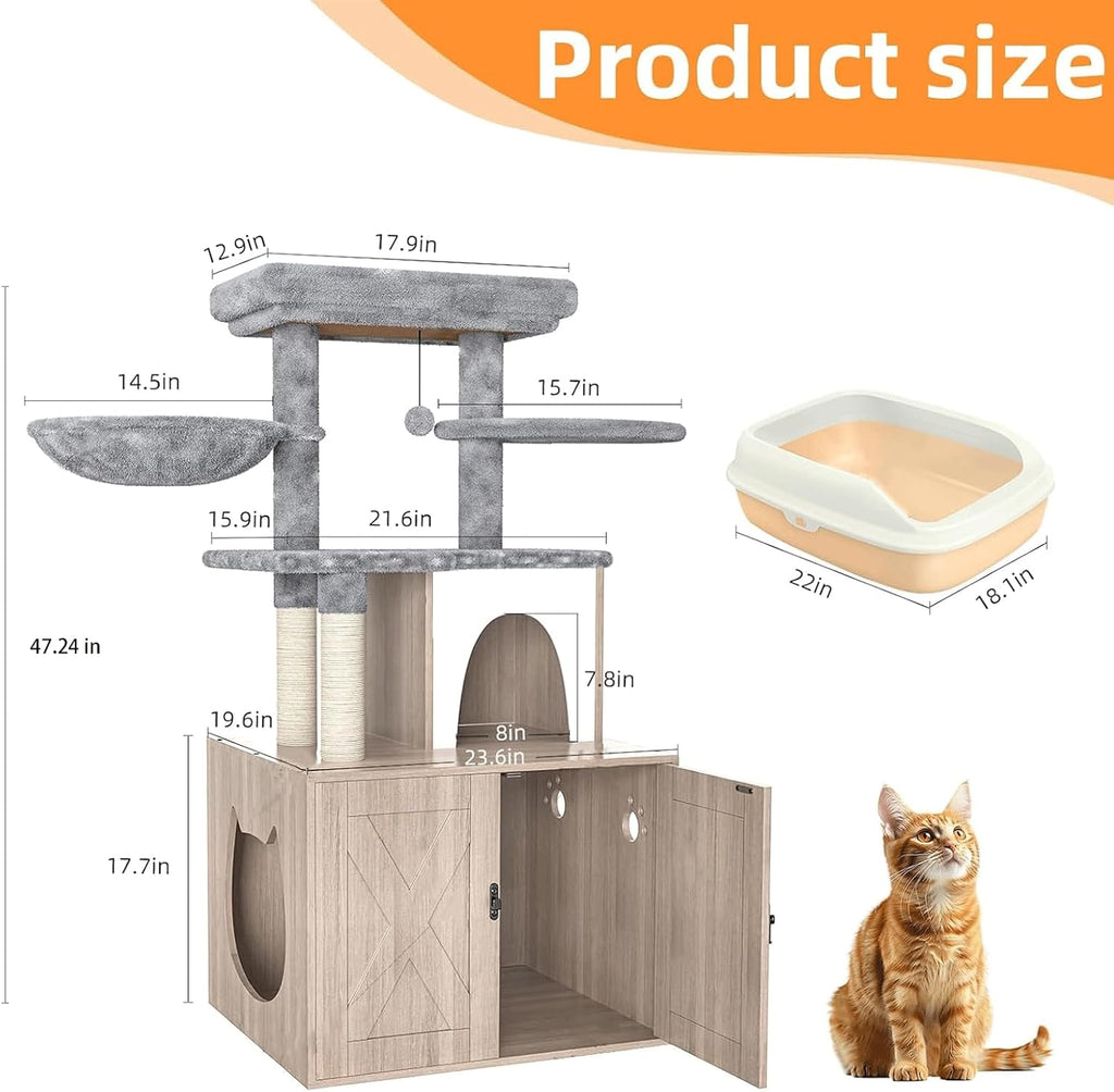 Litter Box Enclosure with Cat Tree,Cat Tree with Litter Box Enclosure,Hidden Pet Washroom Furniture with Sisal Scratching Post,Hammocks,Condo,Multiple Platform,Soft Plush Perch, Grey