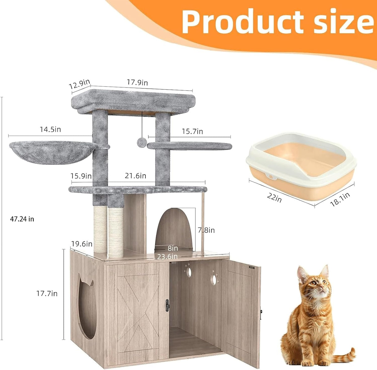 Litter Box Enclosure with Cat Tree,Cat Tree with Litter Box Enclosure,Hidden Pet Washroom Furniture with Sisal Scratching Post,Hammocks,Condo,Multiple Platform,Soft Plush Perch, Grey