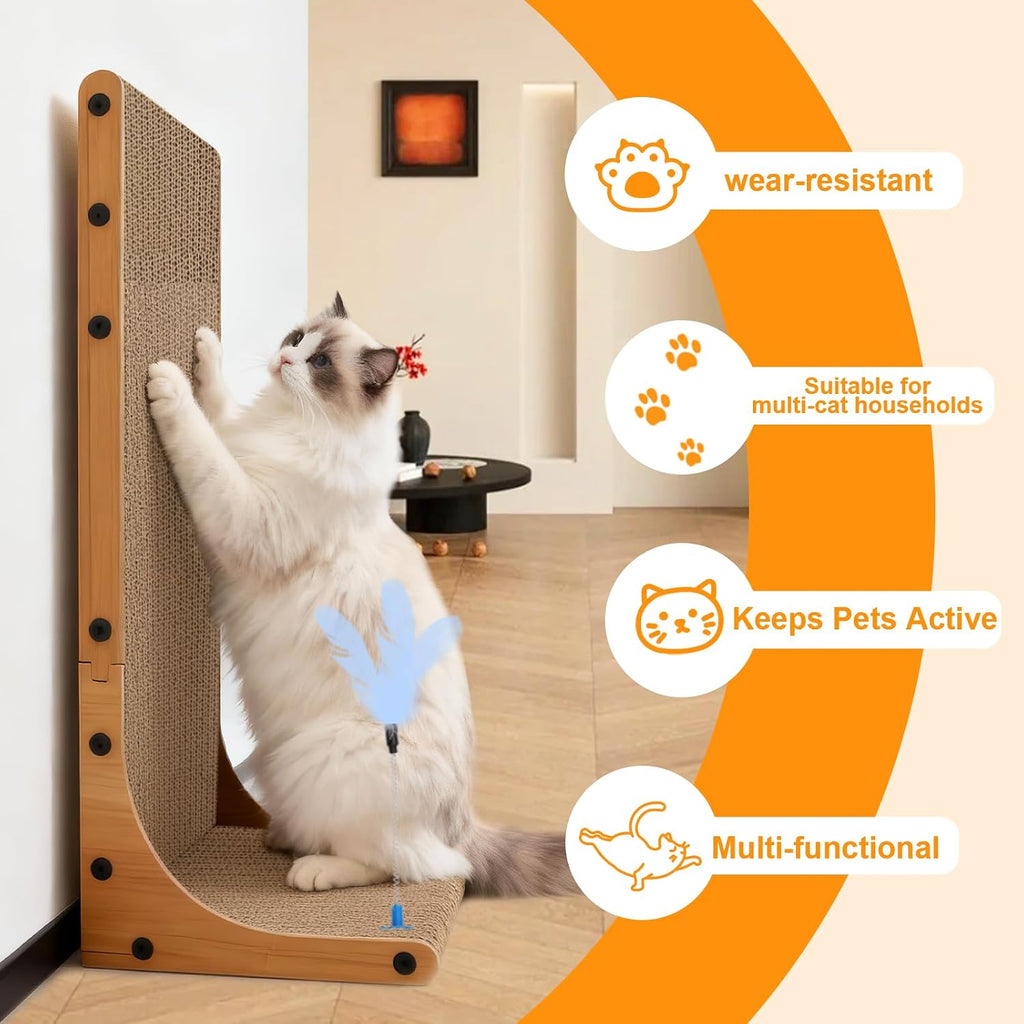 Cat Scratching Post, 3-in1 Cat Scratcher for Indoor Cats, 2PK 22in L-Shaped Scratching Board with 1PK Cardboard Box Scratch Pad, Cats Scratch Furniture Protector with Feathered Toy