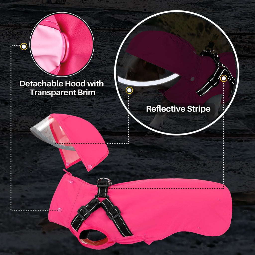 Lukovee Dog Raincoat, Waterproof Jacket with Harness & Removable Hood, M