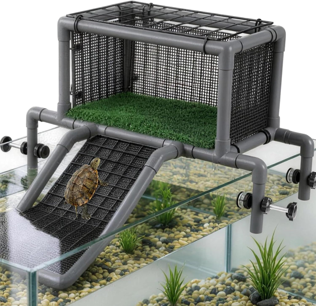 Large Turtle Topper Basking Platform Above Tank - PVC Turtle Dock with Ramp for Glass Turtle Tank Turnover Box Tank Adjustable 13.2 to 16.1 Inches Resting Area