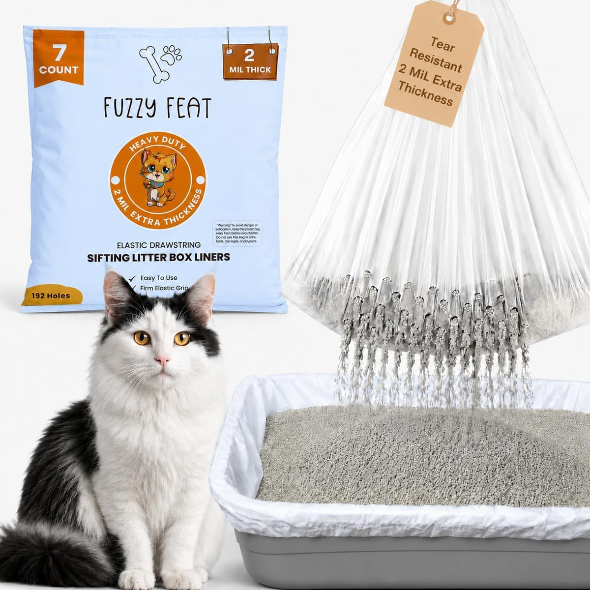 Elastic Sifting Litter Box Liners Extra Large — 7 Count — 41" x 20" Cat Litter Sifting Bags Scratch Resistant Waterproof Drawstring — Fits XL/XXL/Jumbo Litter Boxes — 2 Mil Thick