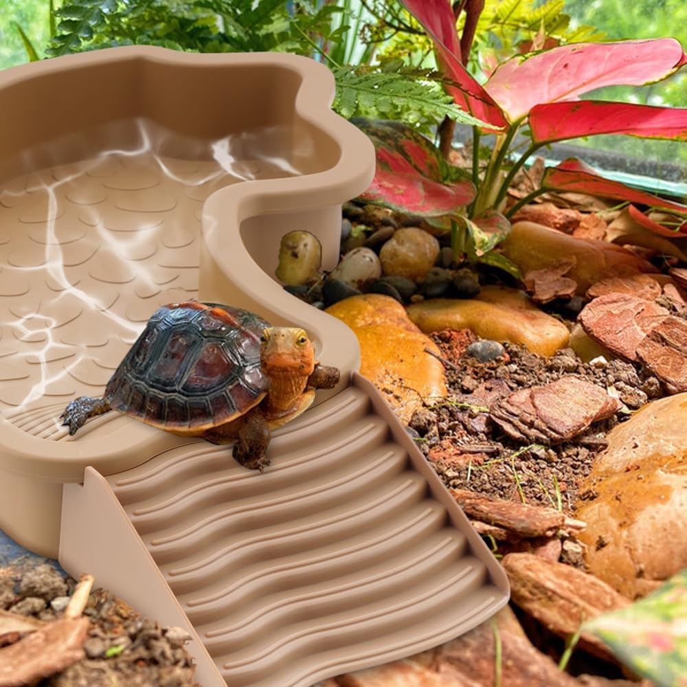 Large Reptile Bathing Pool Turtle Food Water Bowls with Ramp Aquarium Ornament for Turtle Horned Frog Lizard Gecko Snake (Brown)