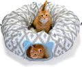 Kitty City Large Cat Tunnel Bed, 2-in-1 Zip-Together Cat Play Tunnel & Plush Nap Bed, Pop-Up Indoor Cat Toy with Hanging Toys, Collapsible Design - White