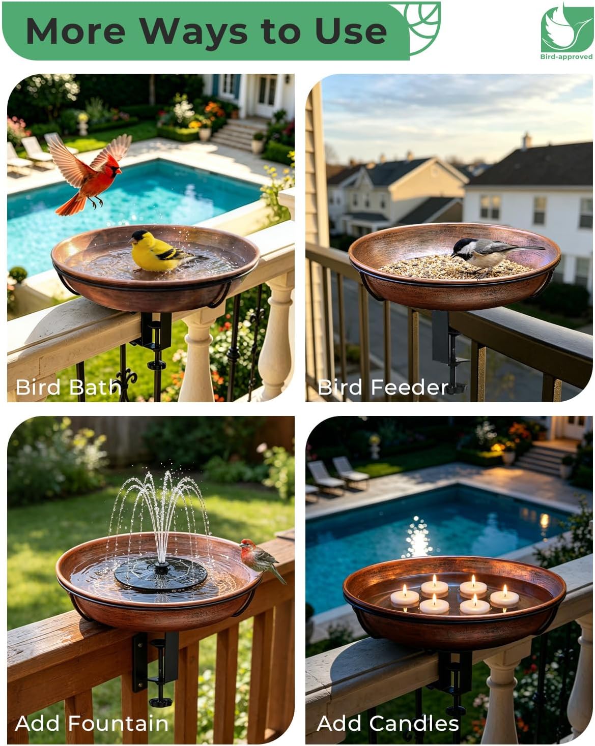 Deck Mounted Bird Bath with Adjustable Clamp, Removable Metal Bowl