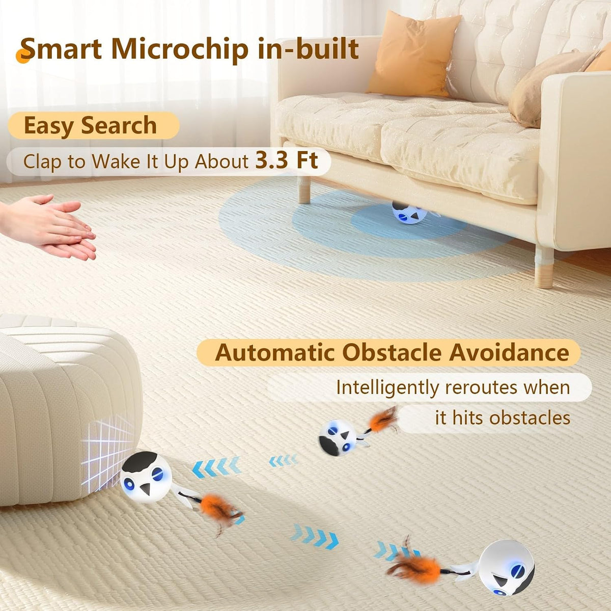 Cat Toys Ball, Smart Motion Sensor Moving Ball with 4 Sounds& 3 Speed Modes
