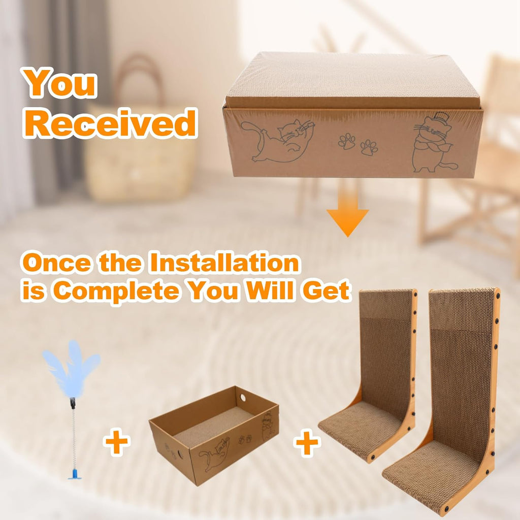 Cat Scratching Post, 3-in1 Cat Scratcher for Indoor Cats, 2PK 22in L-Shaped Scratching Board with 1PK Cardboard Box Scratch Pad, Cats Scratch Furniture Protector with Feathered Toy