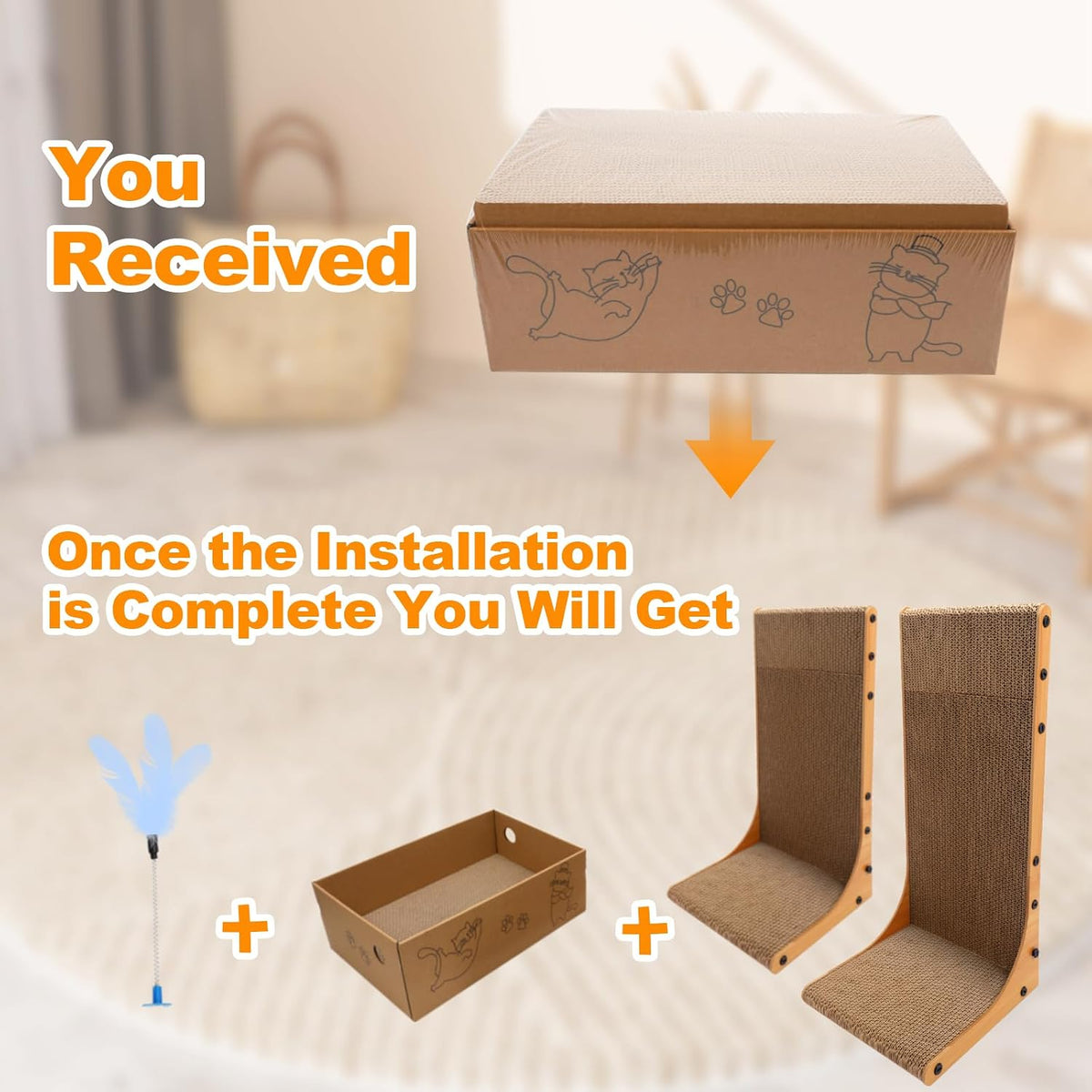 Cat Scratching Post, 3-in1 Cat Scratcher for Indoor Cats, 2PK 22in L-Shaped Scratching Board with 1PK Cardboard Box Scratch Pad, Cats Scratch Furniture Protector with Feathered Toy