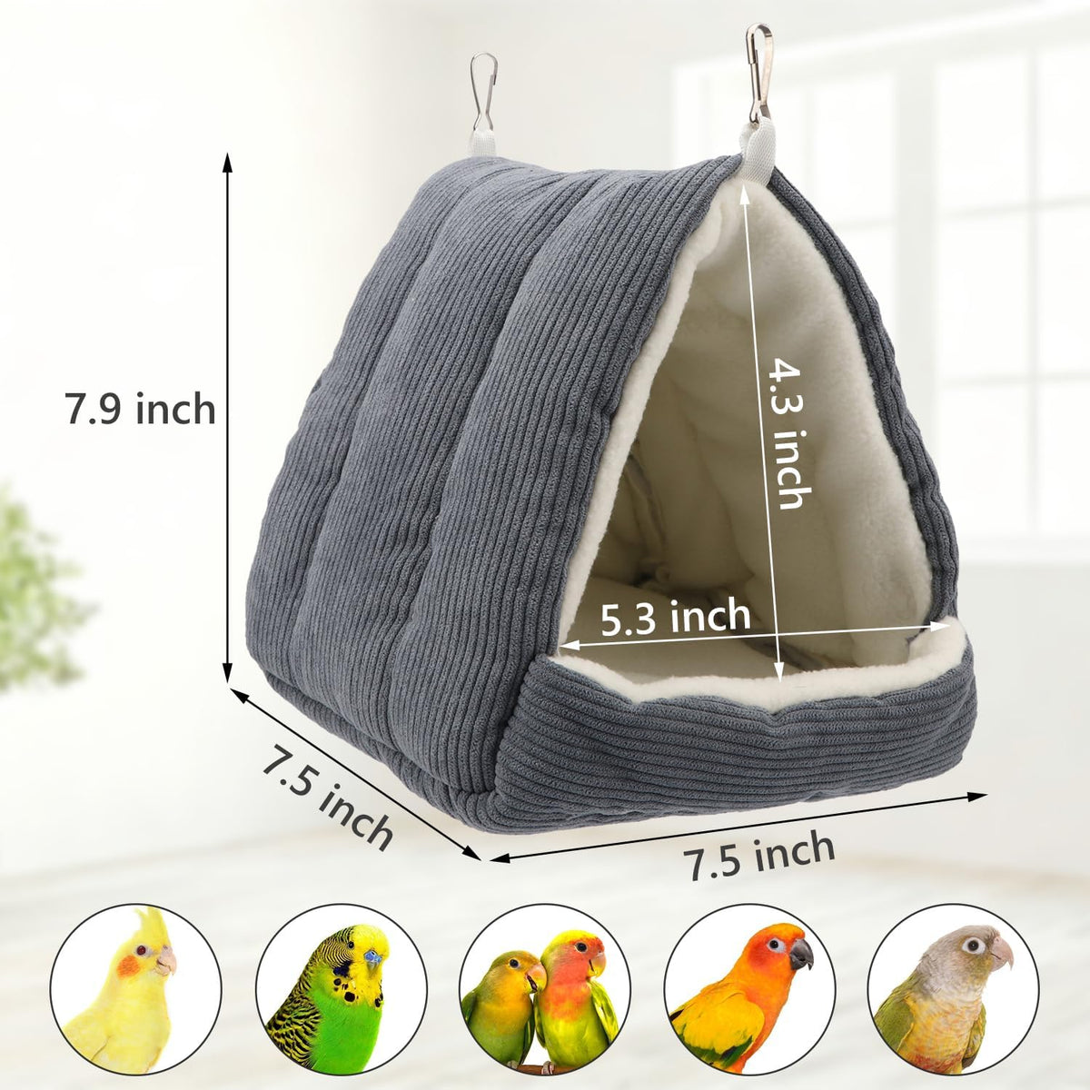 Winter Warm Bird Bed House for Cage, Hanging Hammock, Gray