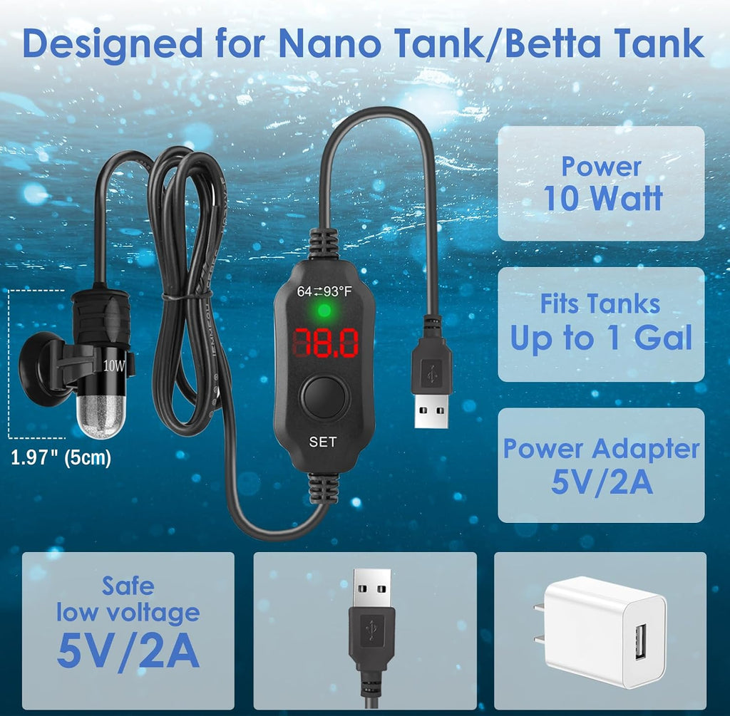 10W 5V/2A USB Super Mini Betta Heater LED Digital for up to 1 Gal Tanks