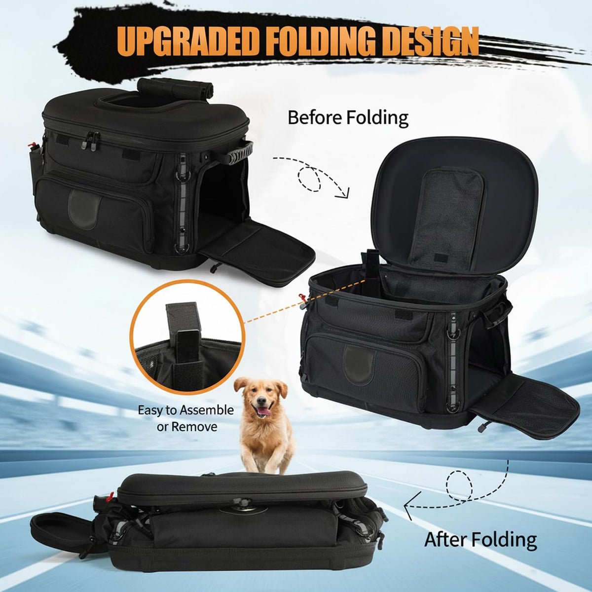 Motorcycle Dog Carrier, Foldable Cat Pet Crate Motorcycle Riding Travel Luggage Bag for Road King Street Glide Passenger Seat Sissy Bar Luggage Rack Touring Trike 20lb Pet