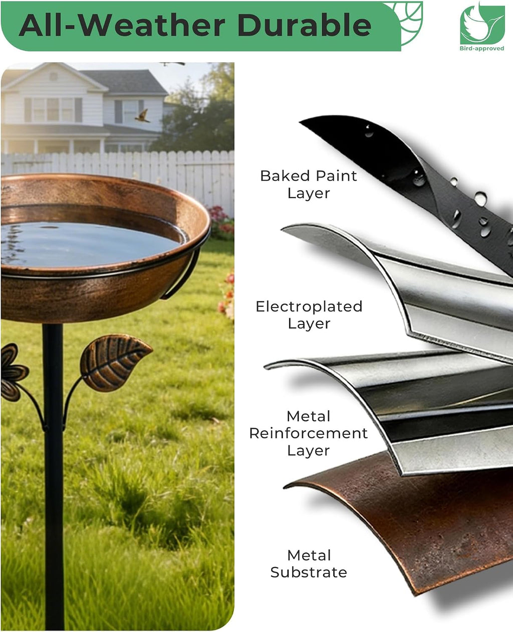 12" Metal Bird Bath for Outside, 3" Deep Bowl with 5-Prong Stake