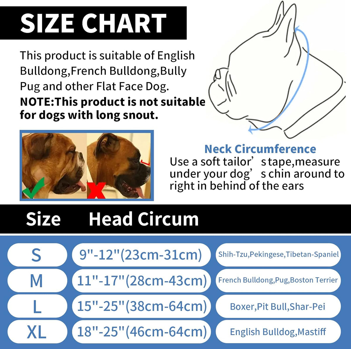 Short Snout Dog Muzzle - Adjustable Breathable Mesh Dog Mask for Bulldog, Biting, Chewing, Training, Licking and Grooming (S(9"-12"), Black)