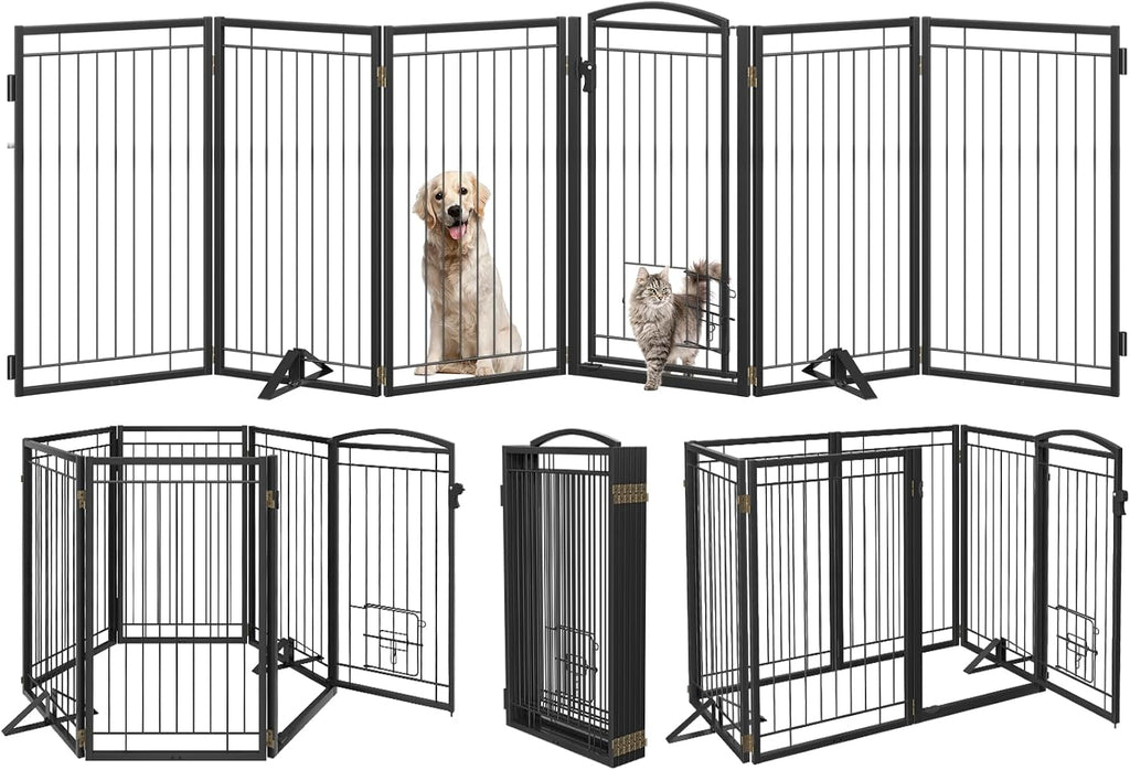 Full Metal Freestanding Dog Gate with Cat Door for Indoor & Outdoor,32" Tall 80" Extra Wide Foldable Dog Fence,Free Standing Pet Gate for Stairs,Porch,Deck,Yard,Doorways(Black)