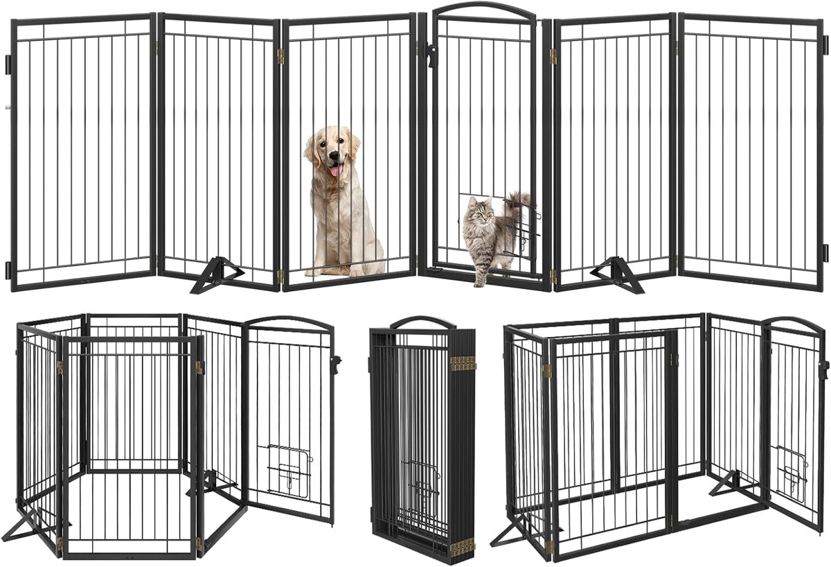 Full Metal Freestanding Dog Gate with Cat Door for Indoor & Outdoor,32" Tall 80" Extra Wide Foldable Dog Fence,Free Standing Pet Gate for Stairs,Porch,Deck,Yard,Doorways(Black)