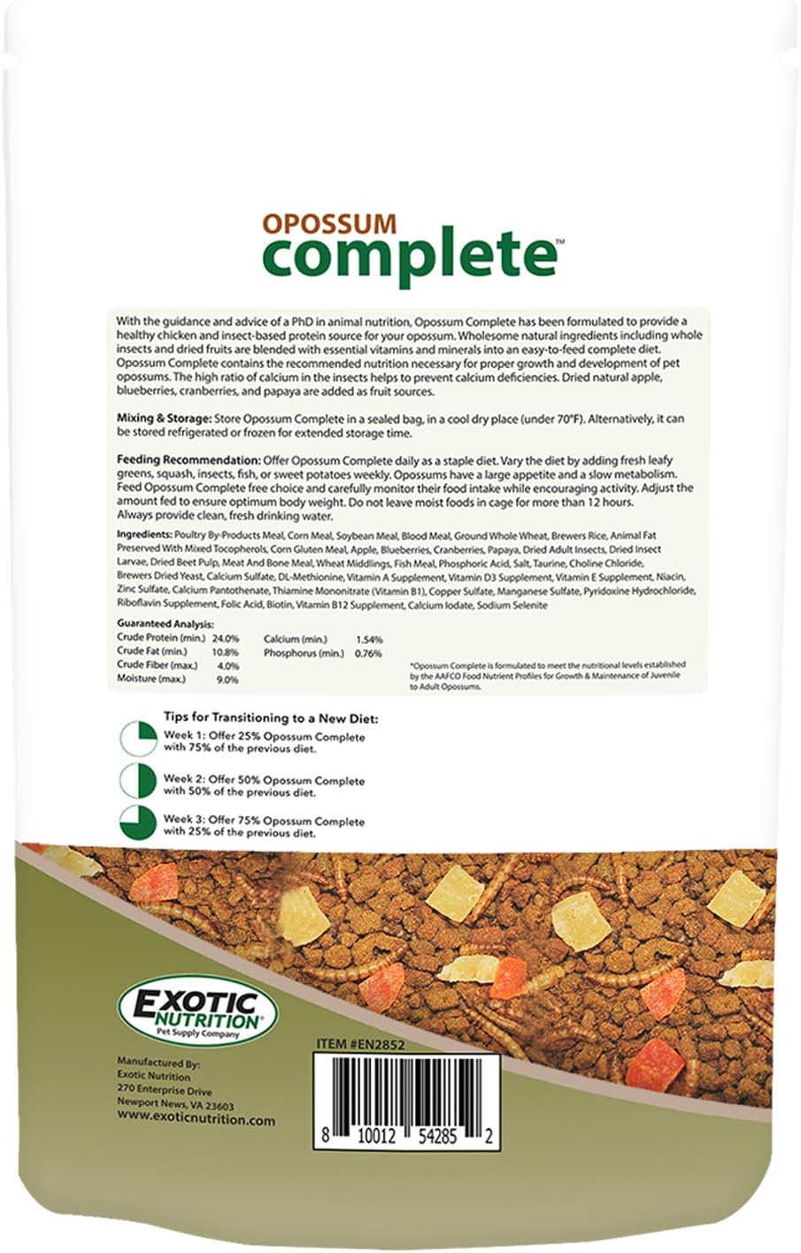 Exotic Nutrition Opossum Complete - Nutritionally Complete Healthy Pellet Diet - Food for Short-Tailed & Virginia Opossums (1 lb.)