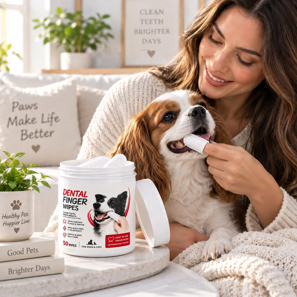 Shevat Pet Dental Finger Wipes for Dogs & Cats - 50 Finger Tooth Wipes with Aloe Vera & Peppermint - Removes Plaque & Tartar, Freshens Breath, No Brushing or Rinsing, Vet Formulated Dental Care
