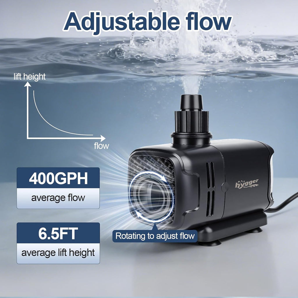 hygger 2-in-1 400GPH Submersible Pump 25W,Side and Bottom Suction Fountain Water Pump with 6.6ft High Lift,Quick Water Change with 4 Interchangeable Nozzles for Aquarium, Fish Tank, Hydroponics,Pond