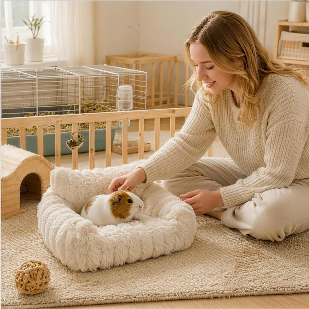 Ultra-Soft Plush White Guinea Pig Couch Bed, Cozy Small Pet Sofa with Padded Armrest & Backrest, Warm Guinea Pig Accessories for Hamster, Rabbit, Chinchilla, Hedgehog