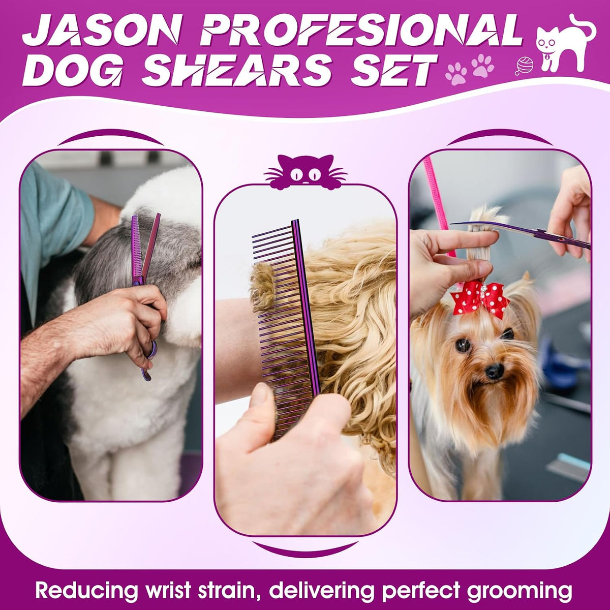 JASON Dog Grooming Scissors Set - Professional 6 in 1 Purple Shears Kit
